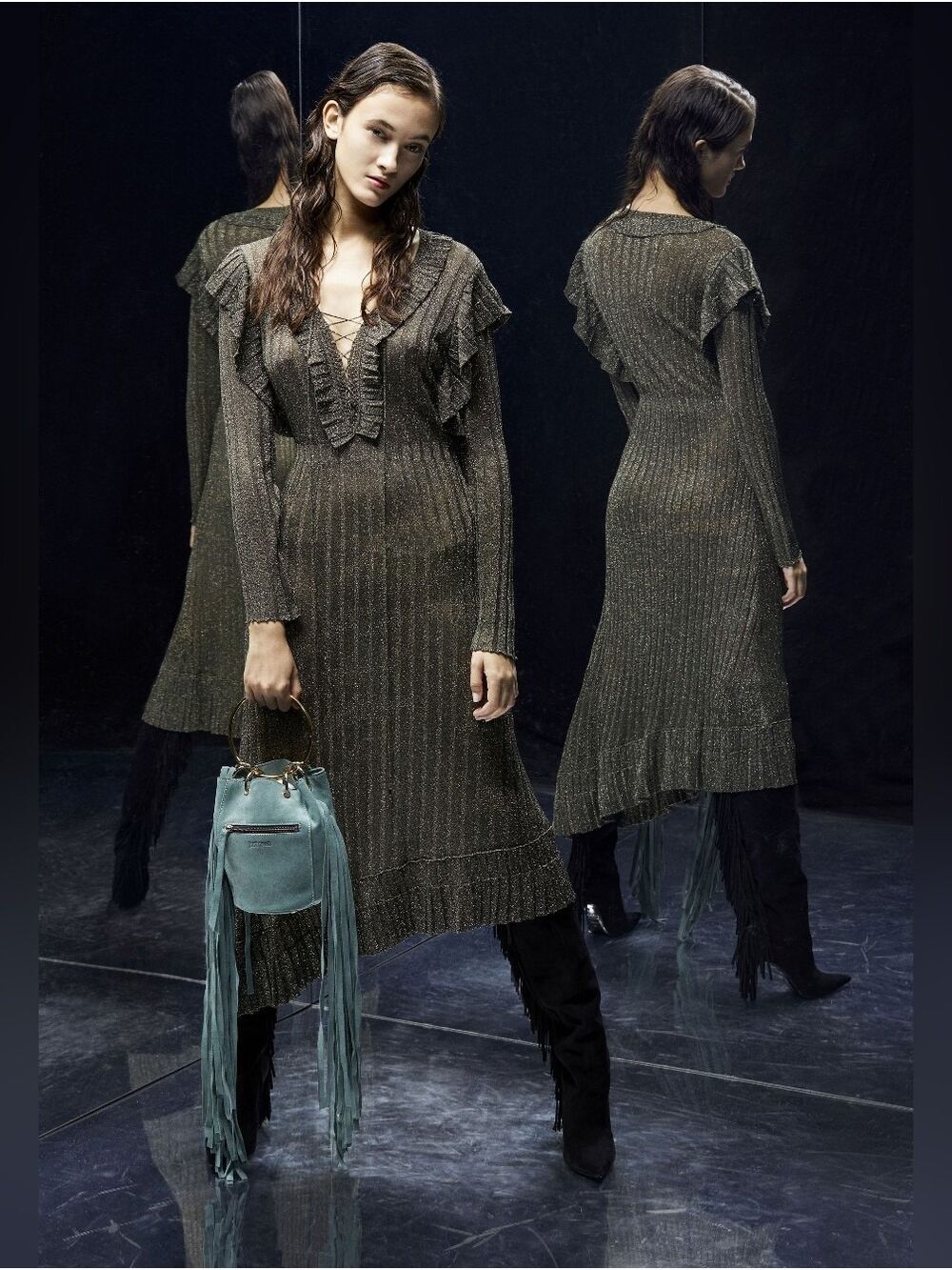 Just Cavalli Archive Prefall 2029 Metallic Ruffled Knit Long-Sleeve Dress XS BNW